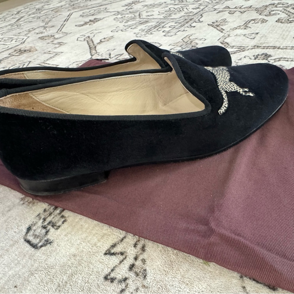 Stubbs & Wootton Black Velvet Loafers with Leopard Embroidery - Picture 2 of 4